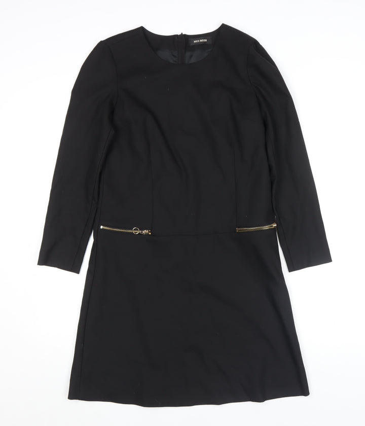 MOS MOSH Women's Black Knee Length Shift Dress Size M Long Sleeve Zip Detail