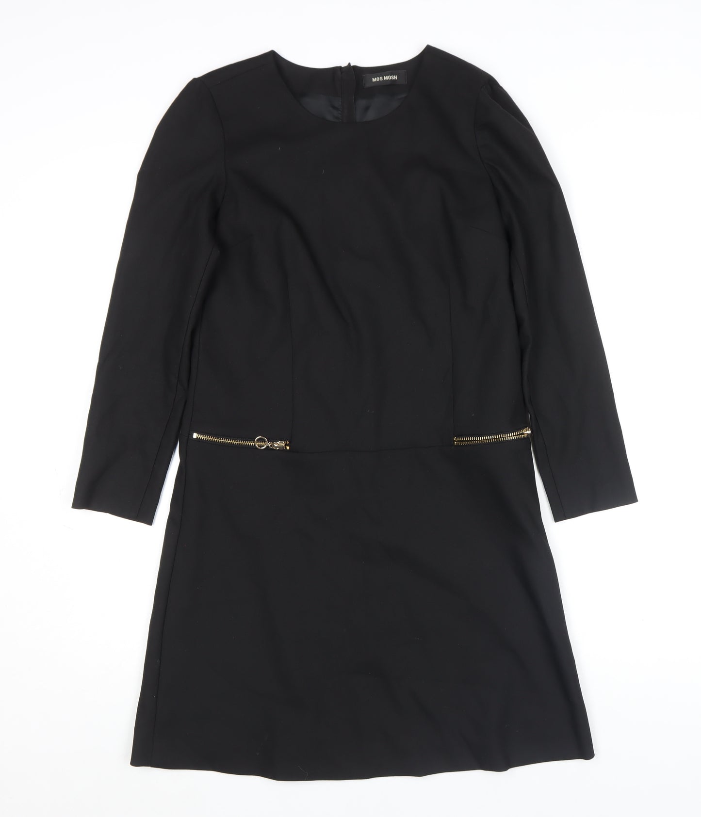 MOS MOSH Women's Black Knee Length Shift Dress Size M Long Sleeve Zip Detail