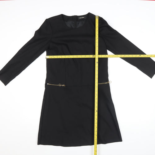 MOS MOSH Women's Black Knee Length Shift Dress Size M Long Sleeve Zip Detail