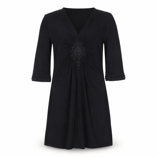Front view of Marc Cain Women’s Black Beaded Shift Dress, size UK 10, Viscose