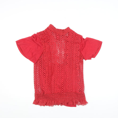Gallery Red Lace High Neck Short Sleeve Women's Blouse Size 8