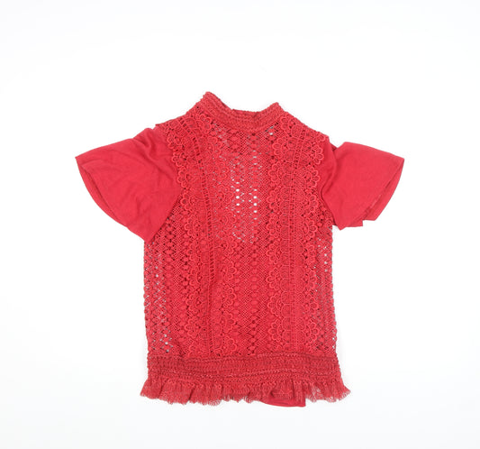 Gallery Red Lace High Neck Short Sleeve Women's Blouse Size 8