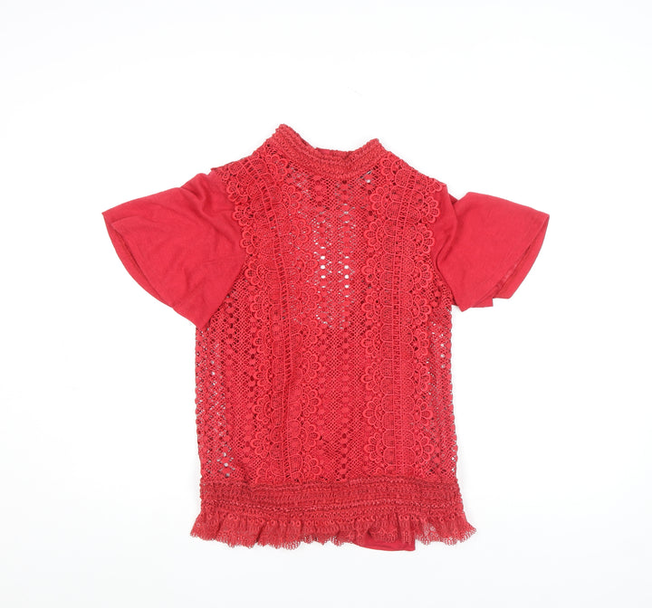 Gallery Red Lace High Neck Short Sleeve Women's Blouse Size 8