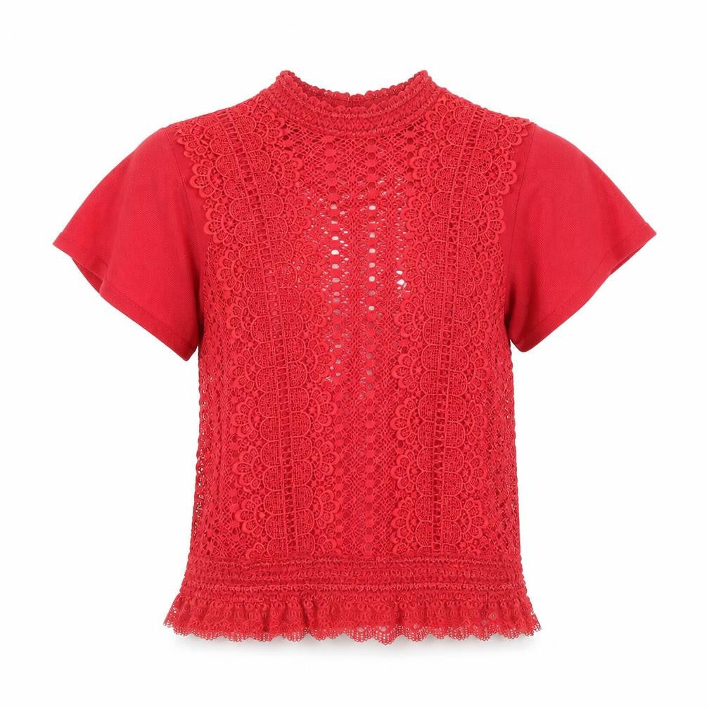 Front view of Gallery Red Lace High Neck Short Sleeve Women's Blouse, size 8