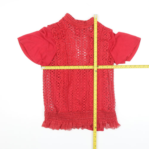 Gallery Red Lace High Neck Short Sleeve Women's Blouse Size 8