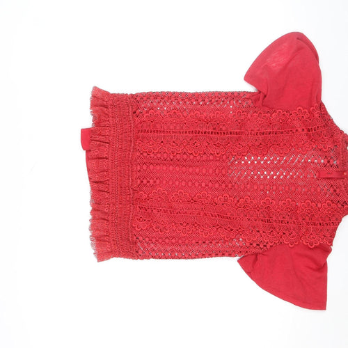 Gallery Red Lace High Neck Short Sleeve Women's Blouse Size 8