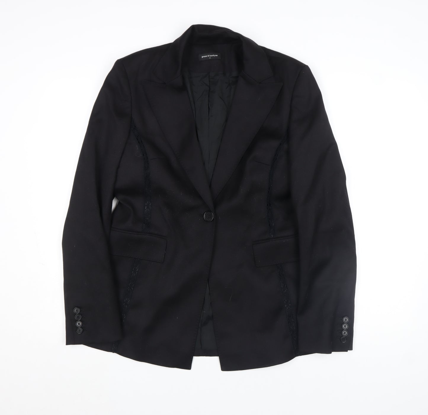 Press & Bastyan Womens Black Wool Blend Tailored Blazer Size 14