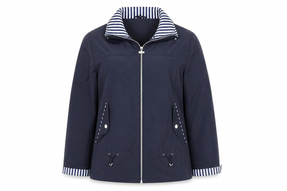 Front view of Anna Rose women’s blue, size UK 14, lightweight nautical zip jacket
