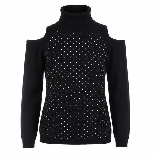 Quiz Women’s Black Beaded Cold Shoulder Roll Neck Knit Top Size S