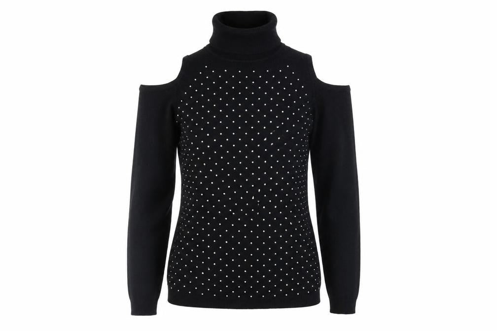 Quiz Women’s Black Beaded Cold Shoulder Roll Neck Knit Top Size S