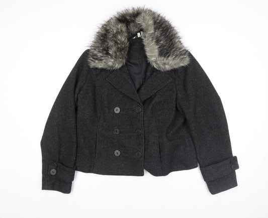 Marks and Spencer Women’s Grey Wool Blend Faux Fur Collar Pea Coat Size 18