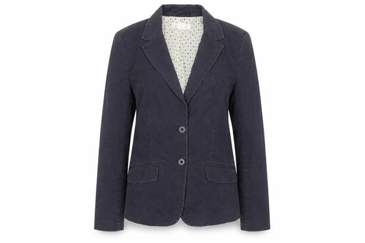Front view of L.O.G.G. women’s blue cotton corduroy blazer jacket, size UK 14