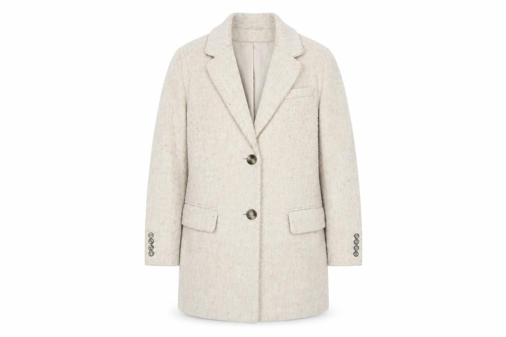 Front view of H&M Women Beige Wool Blend Long Overcoat, size S