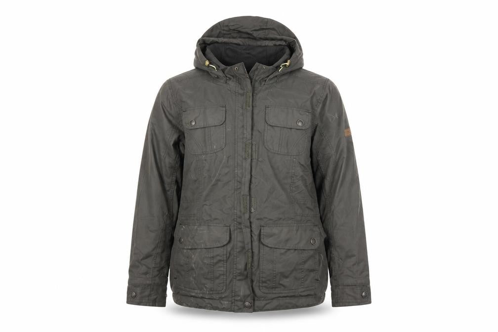 Front view of Regatta women’s green hooded parka jacket, size UK 12, water resistant