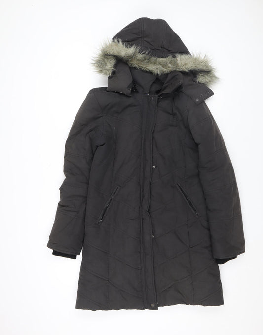 Kasha Women Black Long Puffer Coat Size 10 Hooded Fur Trim