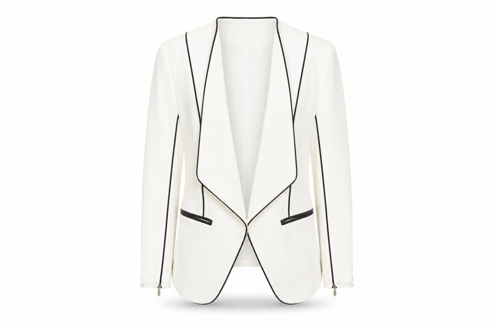 Front view of H&M Women Ivory Blazer, size 6, Shawl Lapel Tailored Jacket