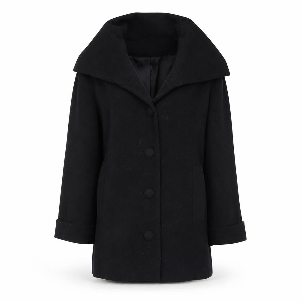 Front view of H&M Women’s Black Wool Blend Mid-Length Overcoat, size UK 8