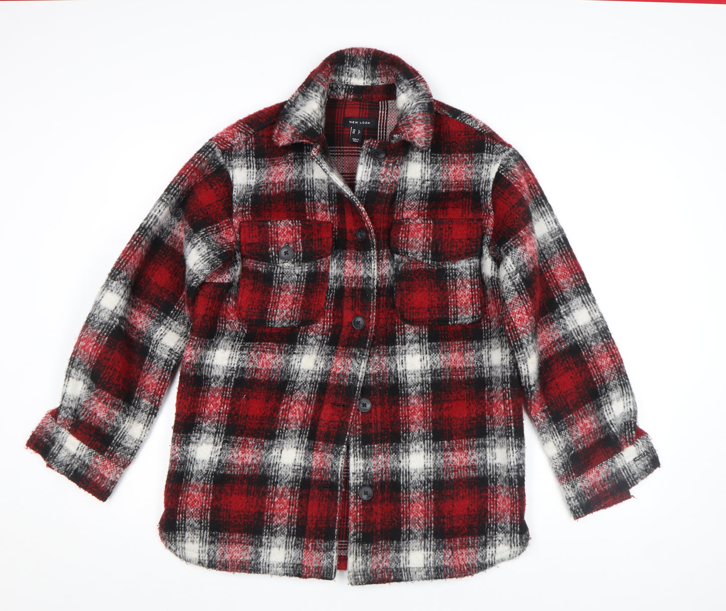 New Look Women's Red Check Wool Blend Button Jacket Size 6
