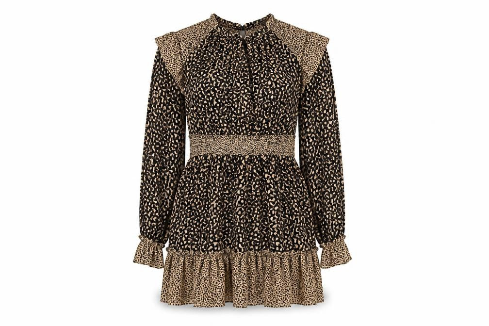 Zara Women Beige Leopard Print Smocked Mini Dress Size S