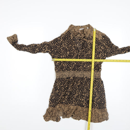 Zara Women Beige Leopard Print Smocked Mini Dress Size S