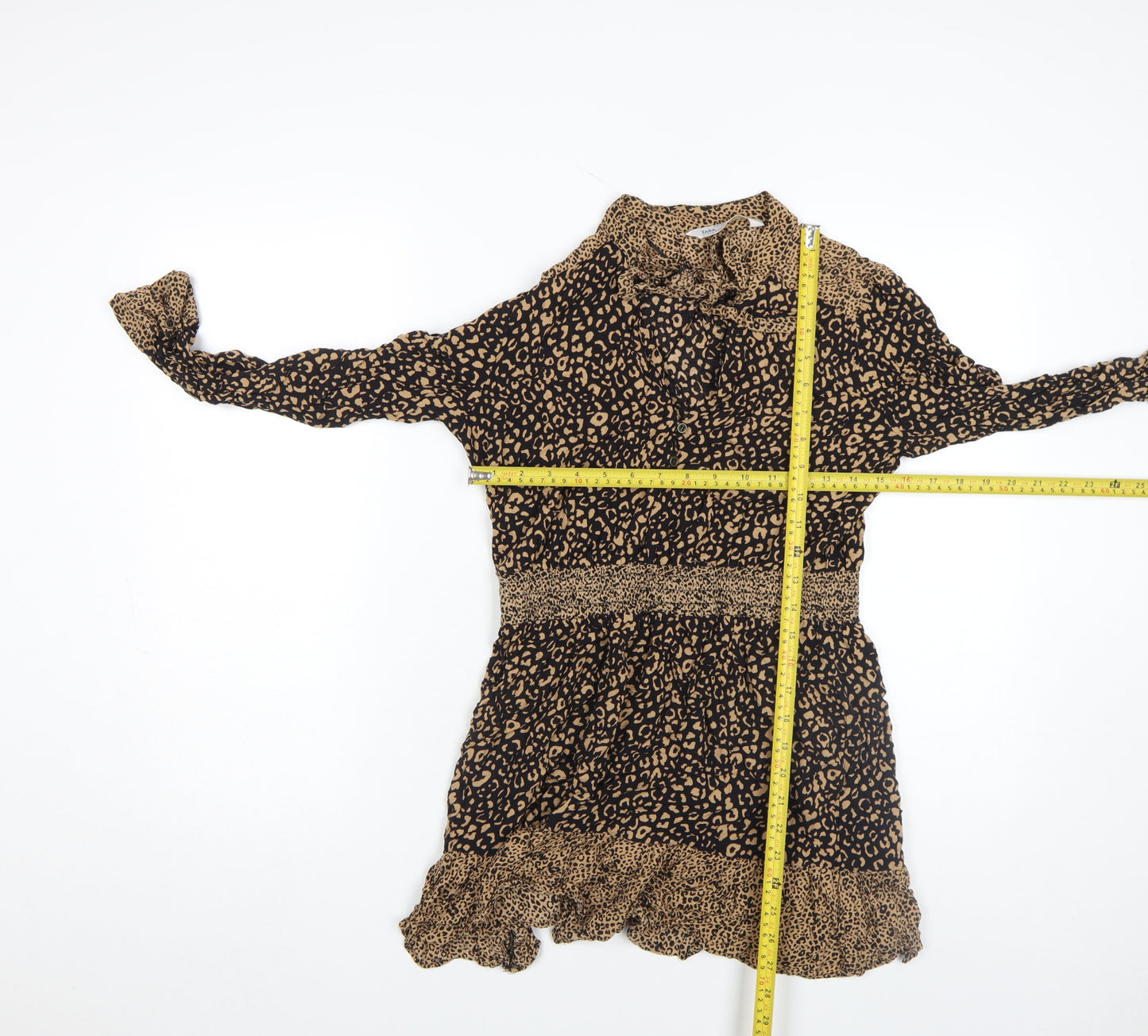 Zara Women Beige Leopard Print Smocked Mini Dress Size S