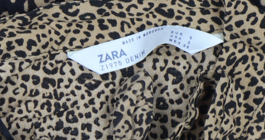 Zara Women Beige Leopard Print Smocked Mini Dress Size S