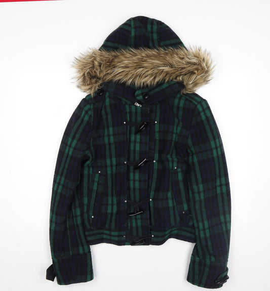 Topshop Women's Green Check Faux Fur Hooded Duffle Coat UK 12