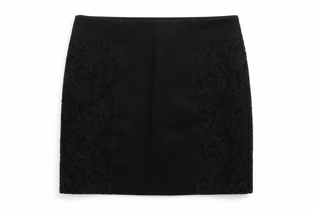 Front view of KB Studio Women's Black Lace Pencil Skirt, size 12, Stretch Lined