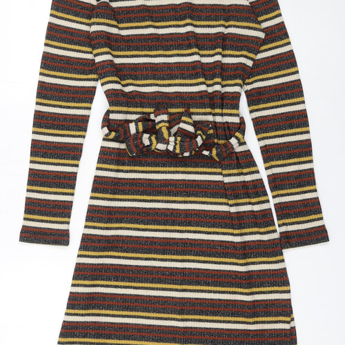 Next Womens Multicoloured Stripe Knit Belted Fit & Flare Dress Size 10