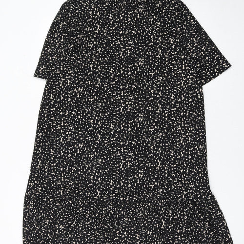 Zara Women Black Polka Dot Shift Dress L High Neck Short Sleeve