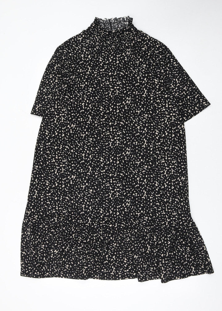 Zara Women Black Polka Dot Shift Dress L High Neck Short Sleeve