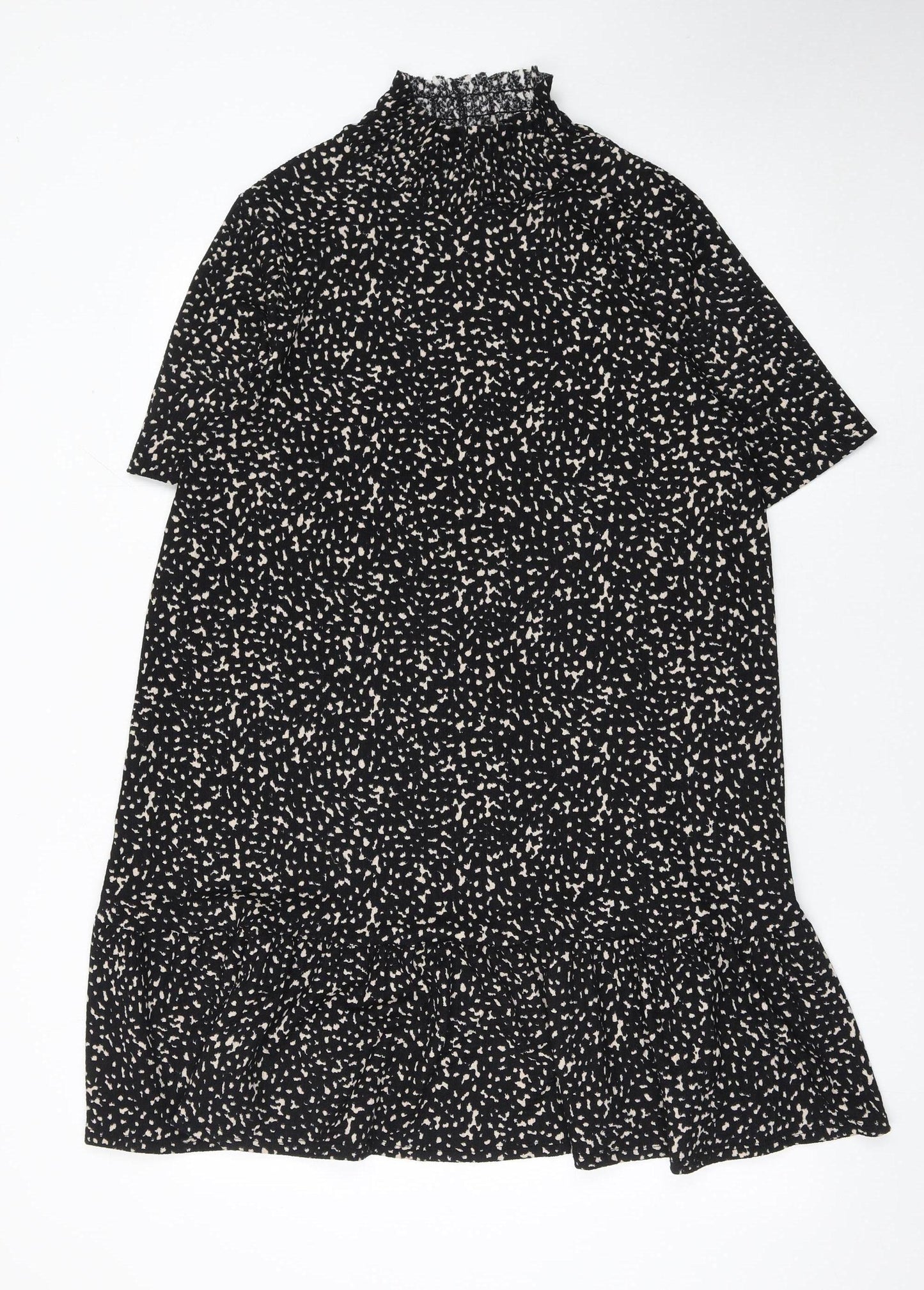 Zara Women Black Polka Dot Shift Dress L High Neck Short Sleeve