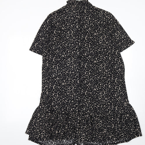 Zara Women Black Polka Dot Shift Dress L High Neck Short Sleeve