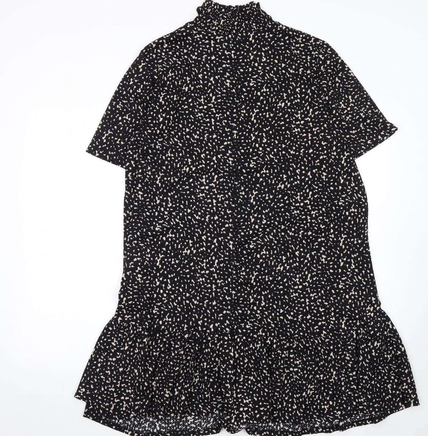 Zara Women Black Polka Dot Shift Dress L High Neck Short Sleeve
