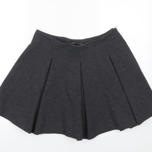 Zara Women Grey Skater Skirt L Polyester Cotton Short Pleated Zip