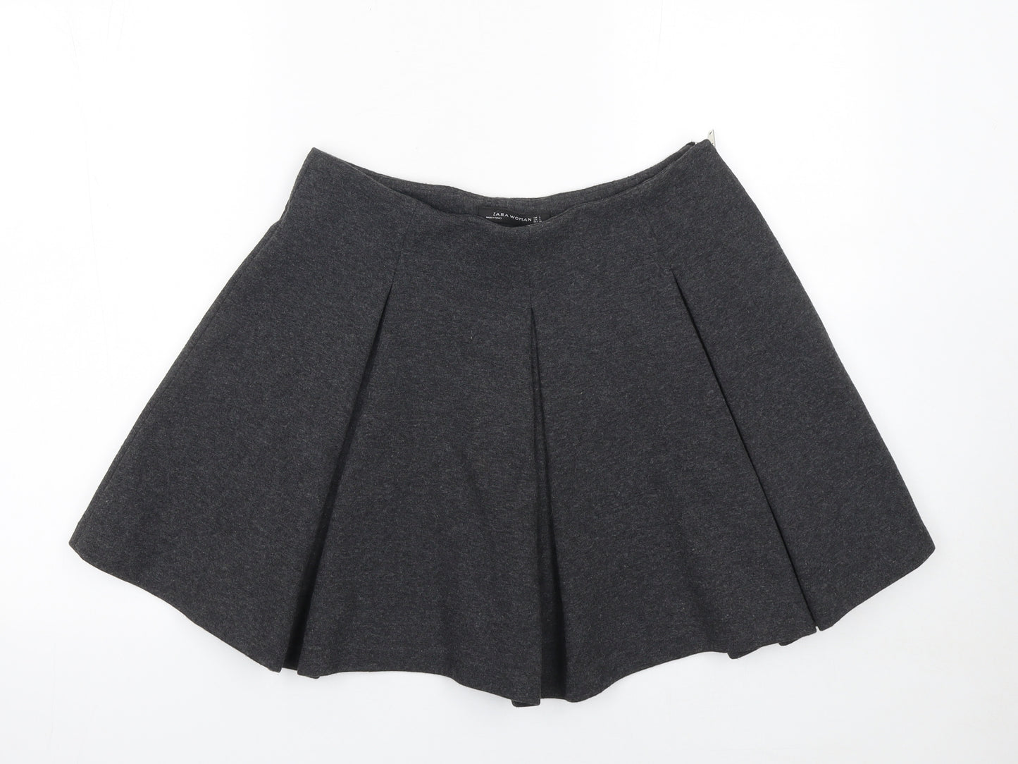 Zara Women Grey Skater Skirt L Polyester Cotton Short Pleated Zip