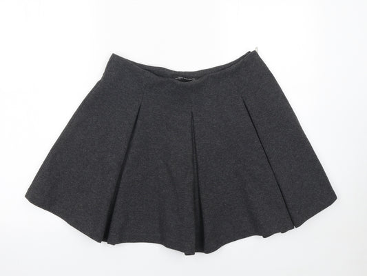Zara Women Grey Skater Skirt L Polyester Cotton Short Pleated Zip