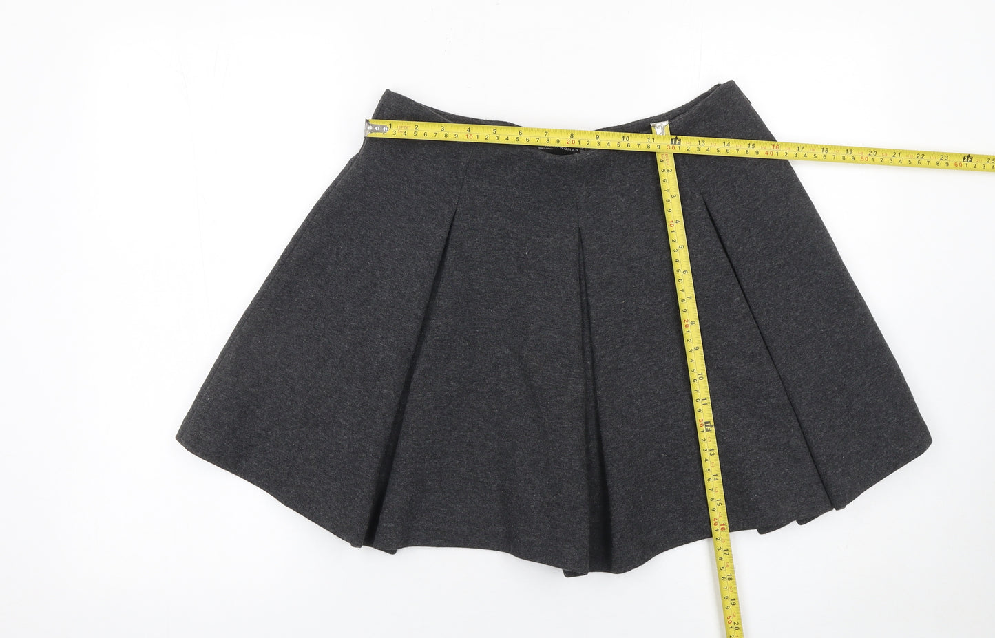 Zara Women Grey Skater Skirt L Polyester Cotton Short Pleated Zip