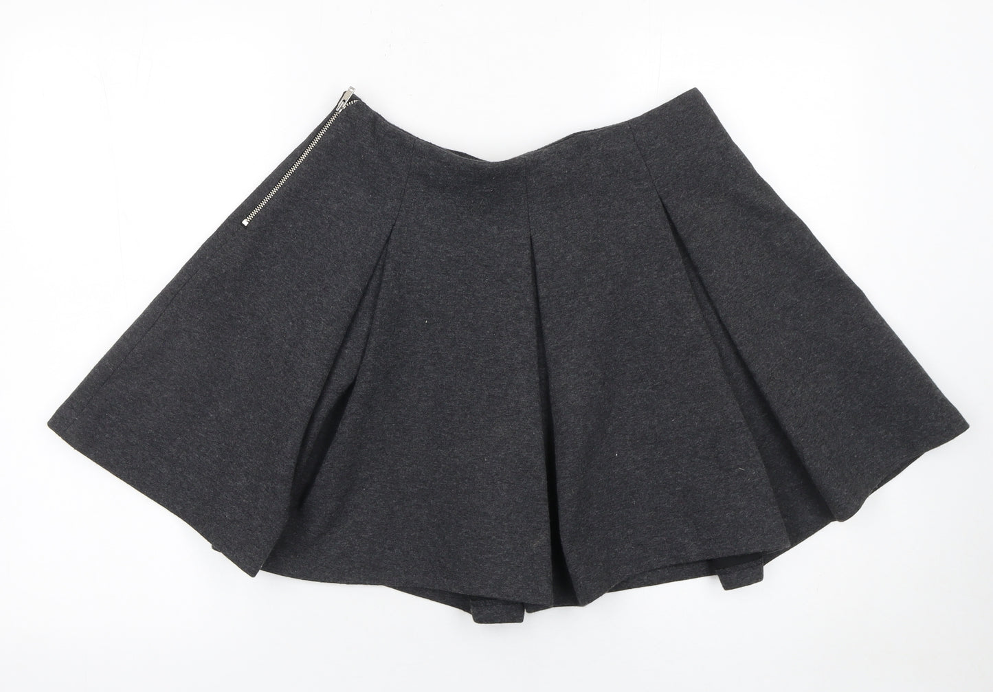 Zara Women Grey Skater Skirt L Polyester Cotton Short Pleated Zip