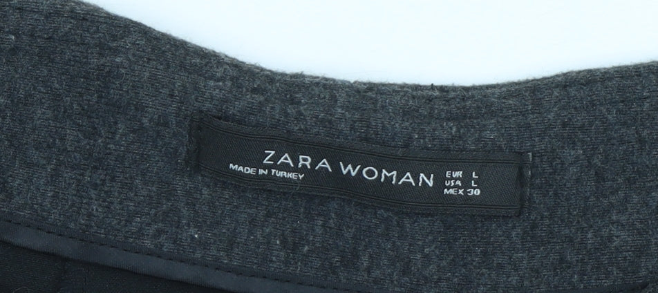 Zara Women Grey Skater Skirt L Polyester Cotton Short Pleated Zip