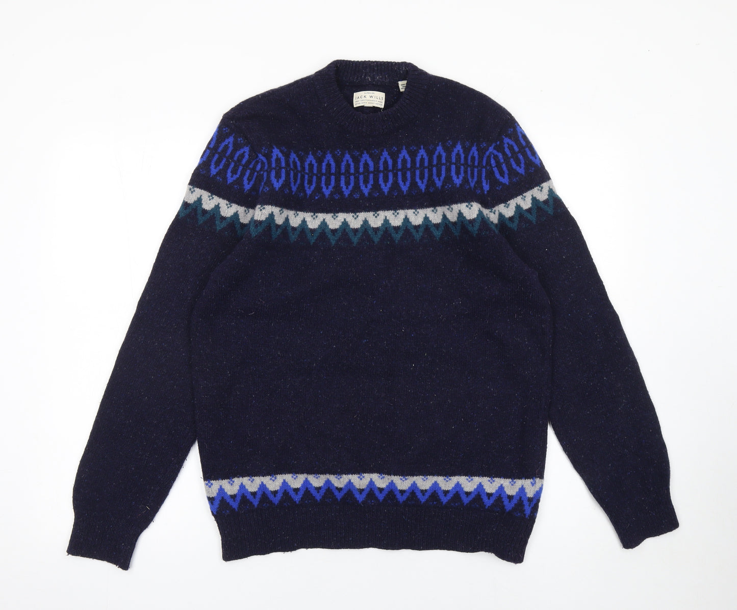 Jack Wills Men's Blue Fair Isle Wool Jumper M Crew Neck Knitwear