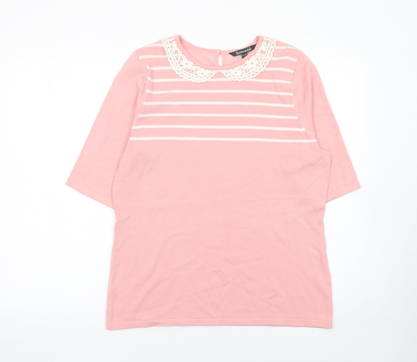 Bonmarché Women's Pink Striped Lace Collar Knit Pullover Jumper Size 16/18
