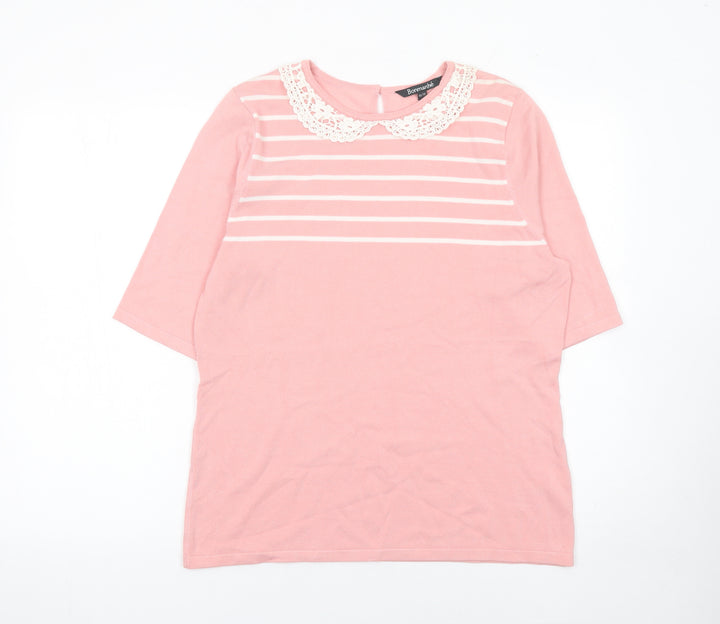 Bonmarché Women's Pink Striped Lace Collar Knit Pullover Jumper Size 16/18