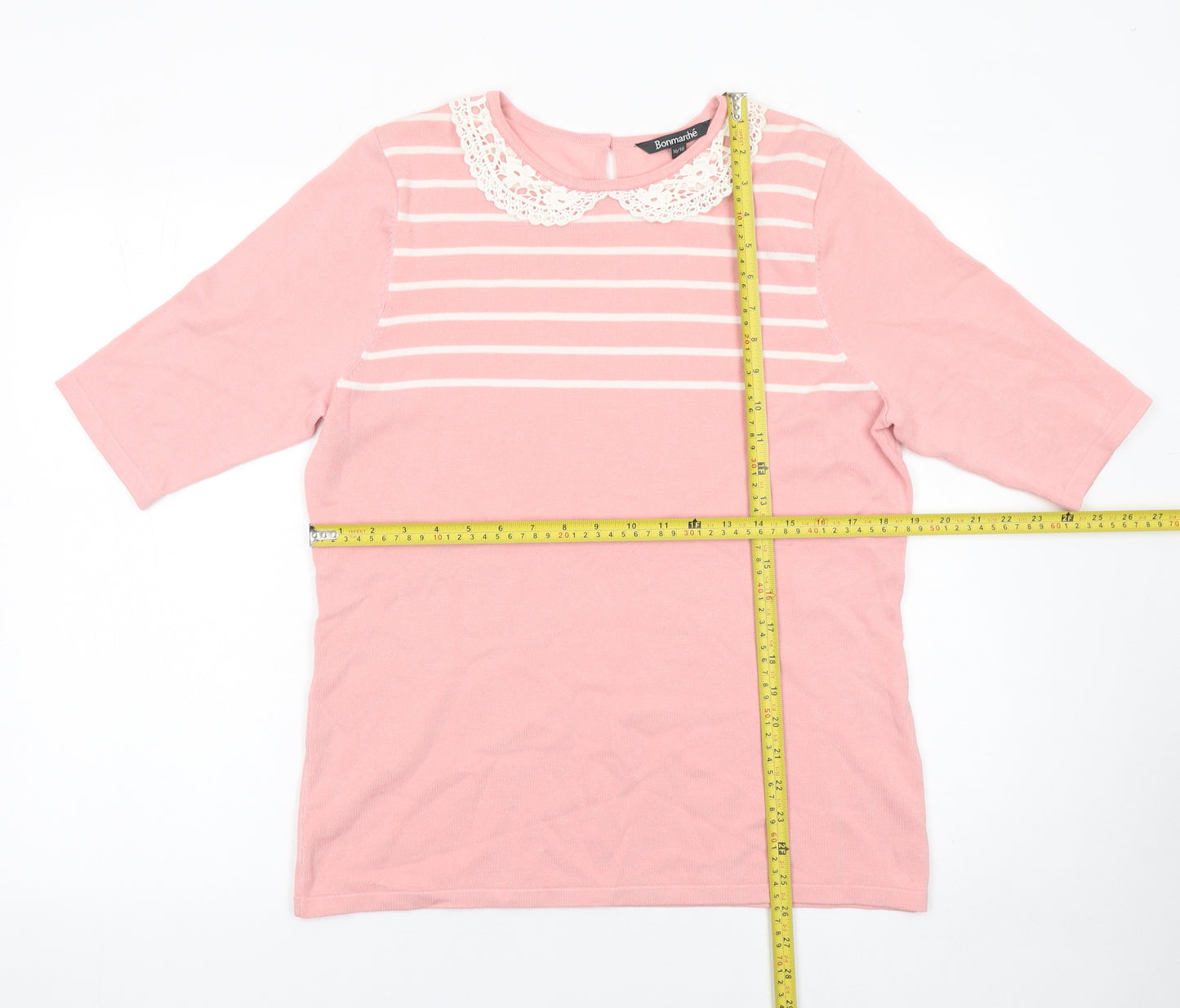 Bonmarché Women's Pink Striped Lace Collar Knit Pullover Jumper Size 16/18