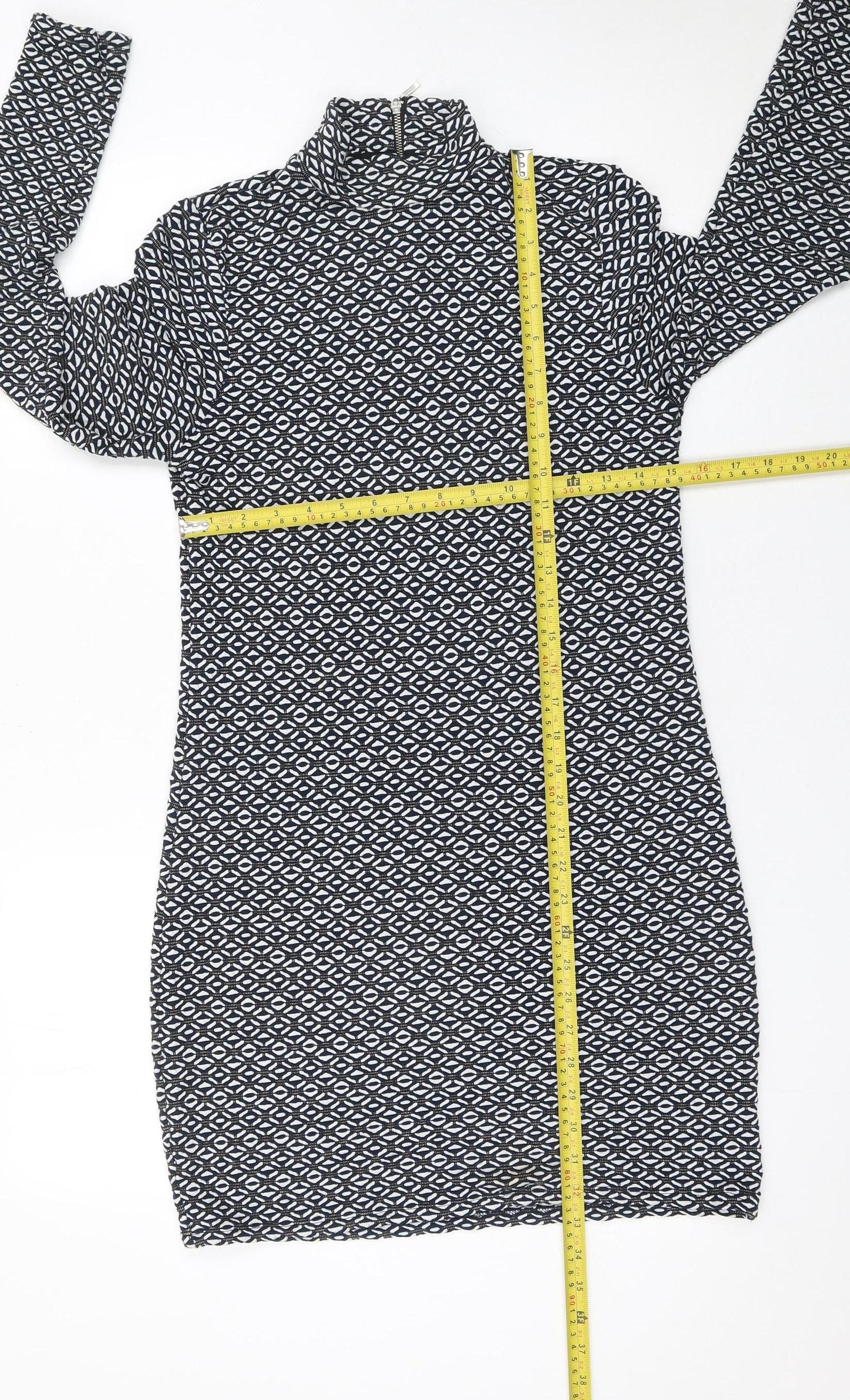 Savida Women Black Geometric Roll Neck Bodycon Dress Size 12