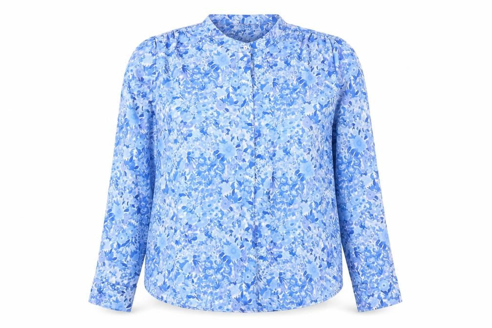 Front view of Gallery Women's Blue Floral Long Sleeve Polyester Blouse, size 14