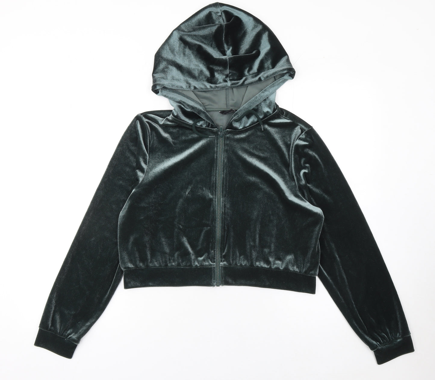 Monki Women Green Velvet Full Zip Hoodie Size 12 M