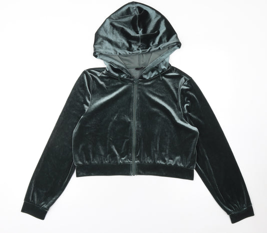 Monki Women Green Velvet Full Zip Hoodie Size 12 M