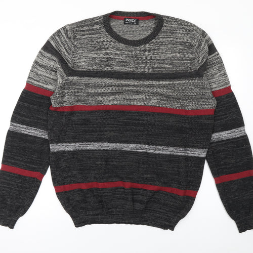 INSIDE Men's Grey Striped Cotton Crew Neck Jumper XL