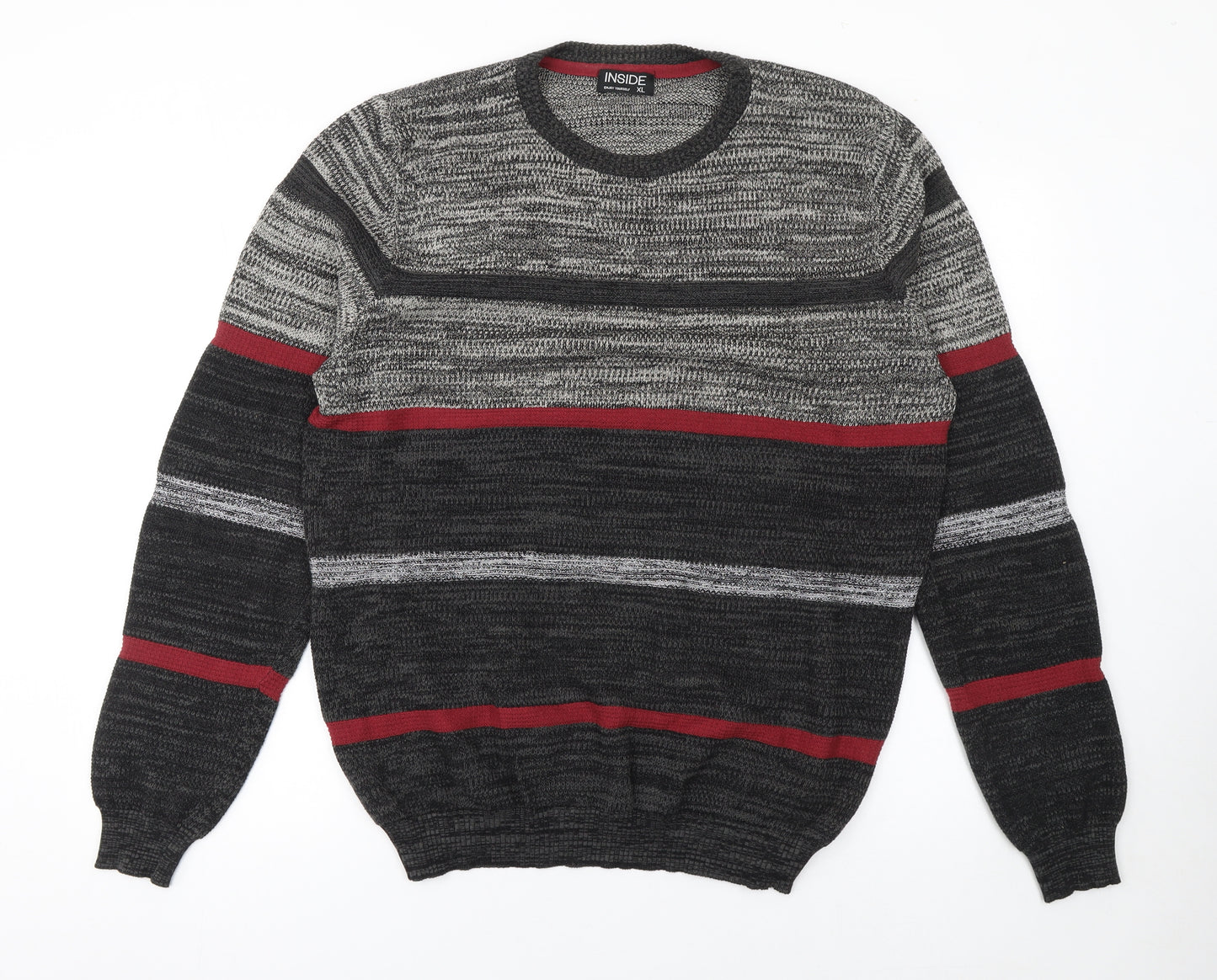 INSIDE Men's Grey Striped Cotton Crew Neck Jumper XL